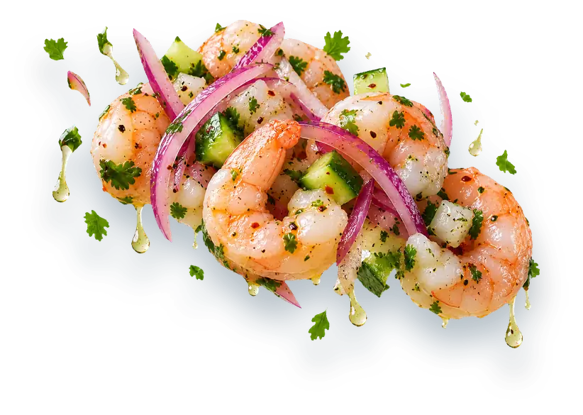 Ceviche de camarón con pepino y cebolla morada